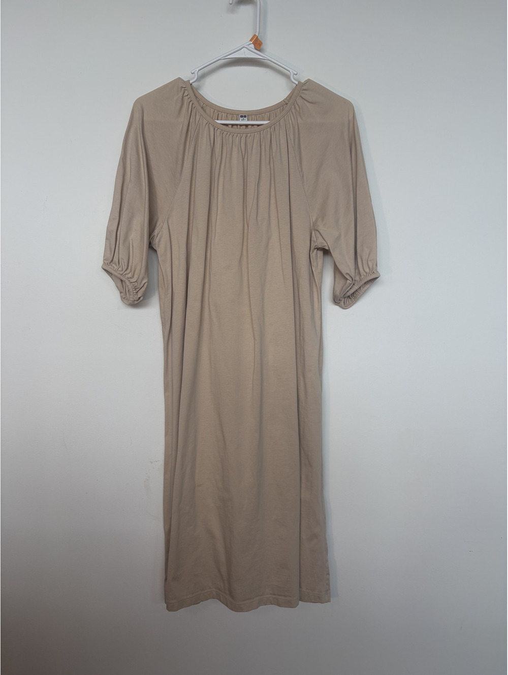 Uniqlo 100% Cotton Gathered Midi Dress Beige Small
